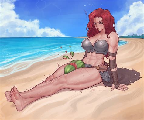 Rule 34 1girls Abs Absurdres Asura Artist Beach Between Thighs Breaking Watermelon With