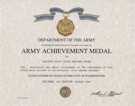 Army Achievement Medal Replacement Certificate