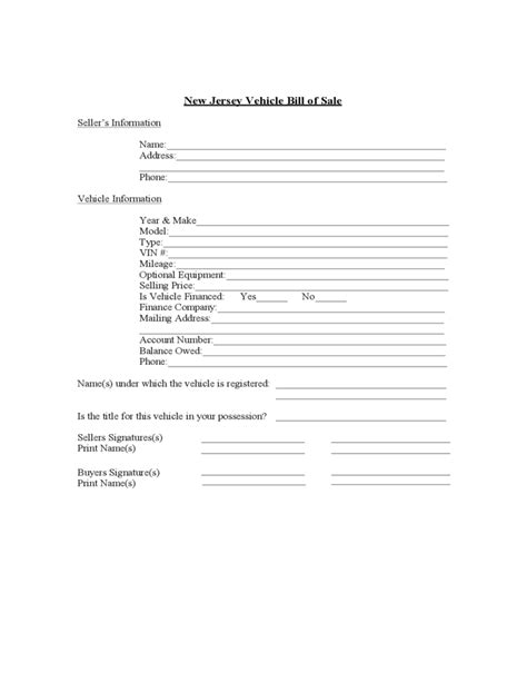 Vehicle Bill of Sale - New Jersey Free Download