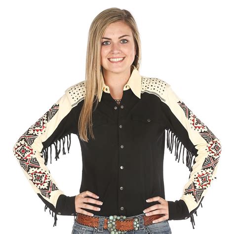 Womens Cowgirl Tuff Fringe Button Black Top Rodeo Shirts Cowgirl Tuff Shirts Cowgirl Tuff