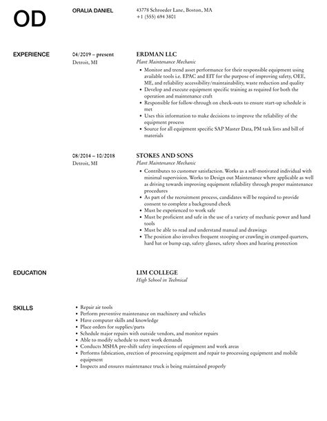 Plant Maintenance Mechanic Resume Samples Velvet Jobs