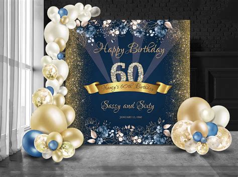 60th Birthday Backdrop Party Birthday Party Banner Navy Blue And Gold