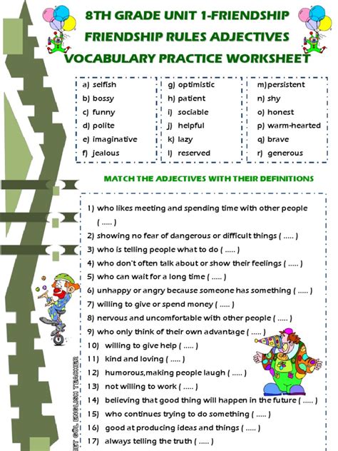Hundreds of pdf lesson plans. 8th Grade Unit 1 Friendship Rules Vocabulary Adjectives Meanings Matching Worksheet