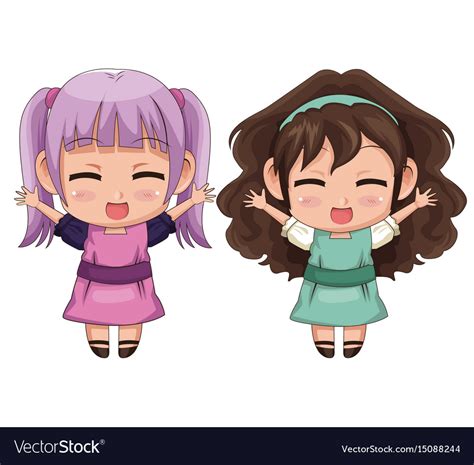Colorful Full Body Couple Cute Anime Girl Facial Vector Image