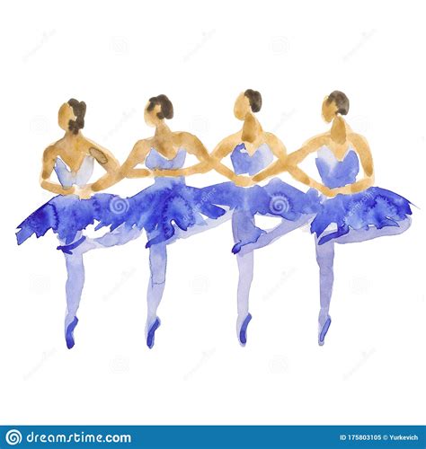 Hand Drawn Watercolor Illustration Dancing Ballerinas In Blue