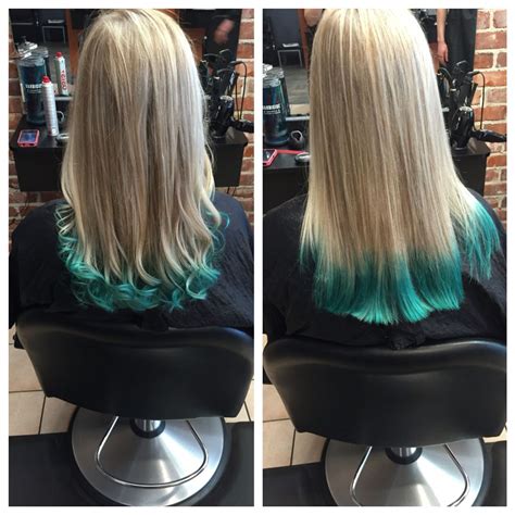Teal Green Balayage Tips On Blonde Hair Blue Tips Hair Blue Ombre Hair Teal Hair