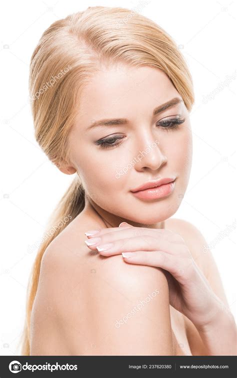 Pensive Naked Woman Touching Shoulder Looking Isolated White Stock