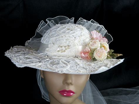 Beige Off White Lace Wide Brim Veil Beaded Wedding Hat Vintage Etsy