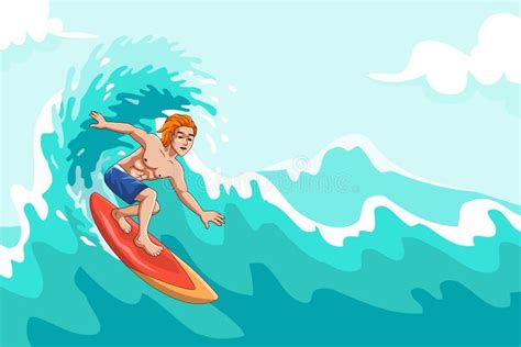 Cartoon Man Surfing On The Ocean Wave Stock Vector Illustration Of