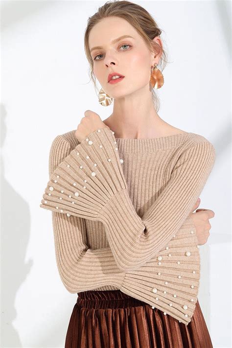 Woman Ribbed Sweater Knitting Pullovers Slash Neck Beading Flare Sleeve Long Sleeve Tops Sweater