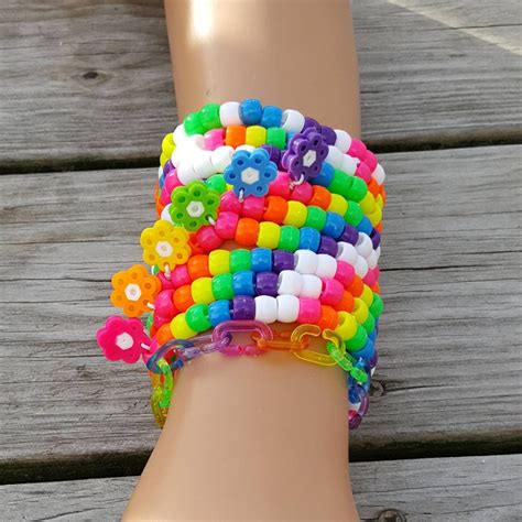 10 Rainbow Flower Kandi Braceletskandi Singlesrave Etsy In 2021 Kandi Bracelets Kandi