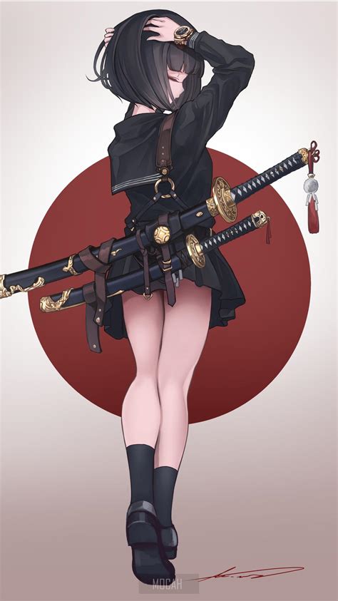 Anime Anime Girl Katana Samurai Short Hair Watch Arms Up Black