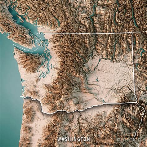 Washington State Usa 3d Render Topographic Map Neutral Border Digital Art By Frank Ramspott