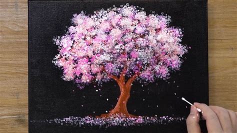 Pink Cherry Blossom Tree Painting Cotton Swabs Painting Technique