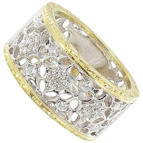 New Diamond Two Color Gold Filigree Band Ring At 1stdibs Wide Band