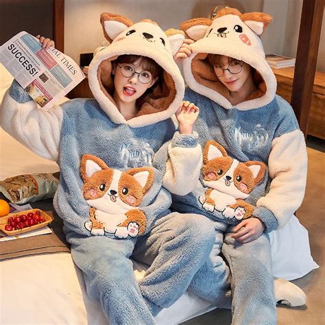 Winter Couple Pajamas Sets Women Men Thicken Sleepwear Cartoon Animal