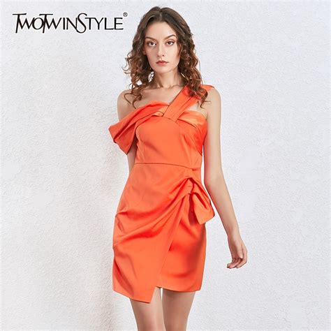 Twotwinstyle Asymmetrical Party Women Dress Slash Neck High Waist Irregular Ruched Dresses For
