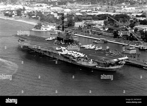 An Aerial Port Quarter View Of The Aircraft Carrier Uss Coral Sea Cv 43 Berthed At The Us