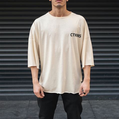 Mens Oversize T Shirt Ripped Neck Text Printed Beige