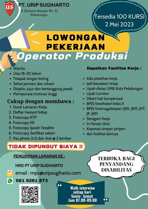 INFO LOWONGAN KERJA PT. URIP SUGIHARTO - DINPERINAKER Kota Pekalongan
