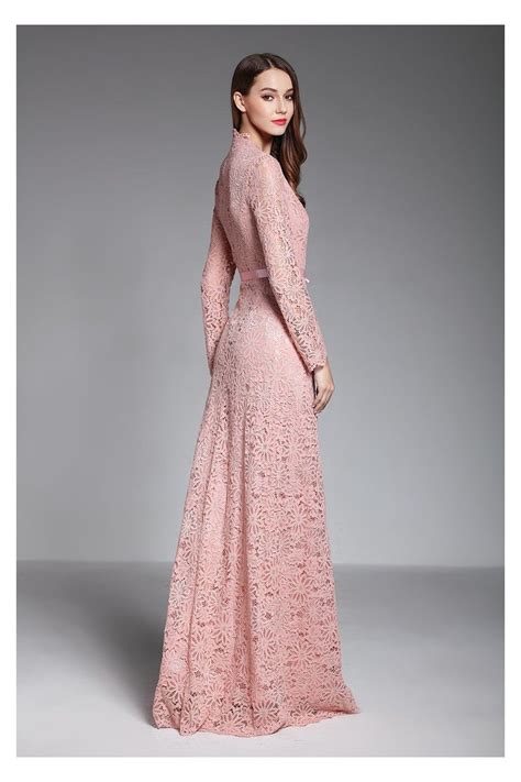 Pink Long Sleeve Lace Formal Evening Dress With Sash Party Dresses