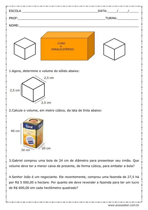 Atividade De Matemática Cubo E Paralelepípedo 6º Ano Acessaber