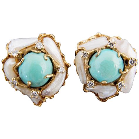 1970s Arthur King Persian Turquoise Pearl Diamond Gold Earrings At 1stdibs