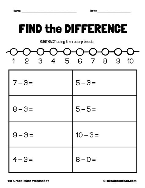 Find The Difference 1st Grade Math Subtraction Worksheet Catholic