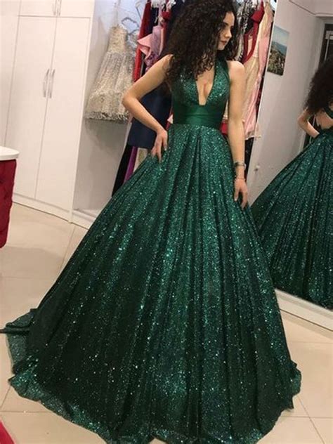 Emerald Green 2019 Prom Dresses V Neck Glitter Sequin Ball Gown