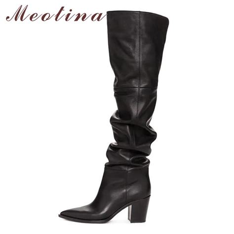 Meotina Winter Over The Knee Boots Women Natural Genuine Leather Thick High Heel Thigh High