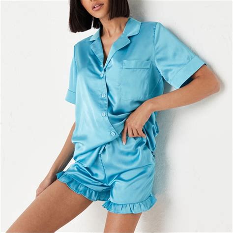 Missguided Satin Frill Detail Shirt And Shorts Pyjama Set Blue