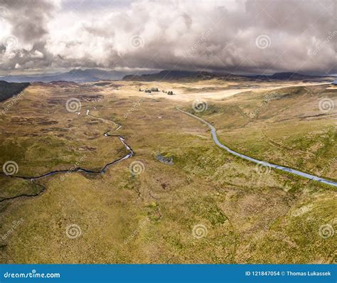 Aerial View Of The Moor And Mountains Of Wales United Kingdom Stock