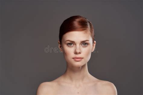 Beautiful Woman Naked Shoulders Cosmetics Clean Skin Charm Gray Background Studio Stock Image