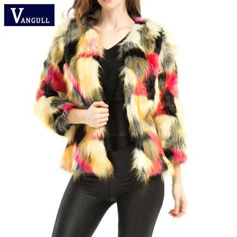Luxury Faux Fur Coat Mix Color Long Sleeve Female Shaggy Jacket Winter