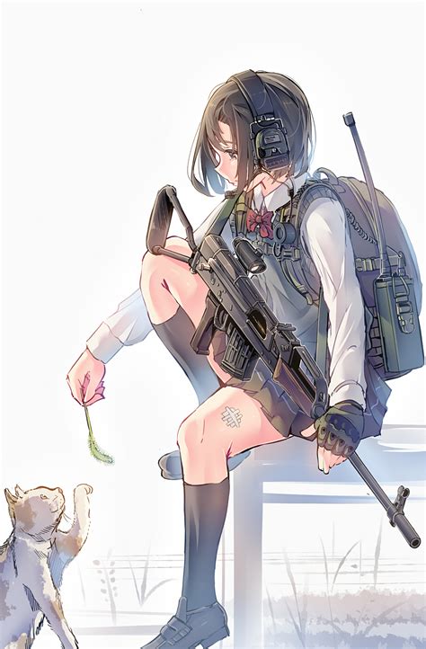 Safebooru 1girl Assault Rifle Bag Black Hair Cat Daito Dress Gun Highres Military Original