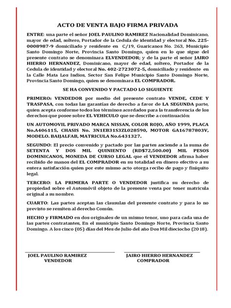 Acto De Venta Bajo Firma Privada Aracely República Dominicana