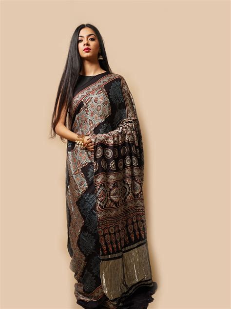 Ajrak Modal Silk Saree With Complex Bandhani Prints In Zigzag Form