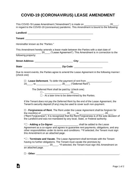 Free Covid 19 Coronavirus Lease Amendment Form Word Pdf Eforms
