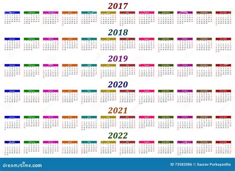 Six Year Calendar 2017 2018 2019 2020 2021 And 2022 Stock Vector