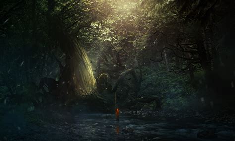 Fantasy Art Digital Art Forest River Trees Sun Rays Wallpaper