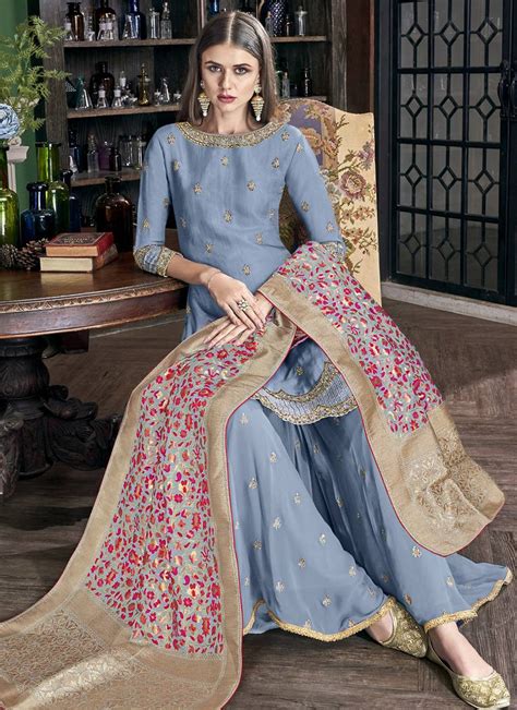 Light Blue Silk Blend Pakistani Salwar Kameez Vasu Sarees 3117804