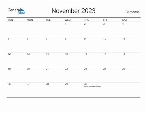 November 2023 Monthly Calendar With Barbados Holidays