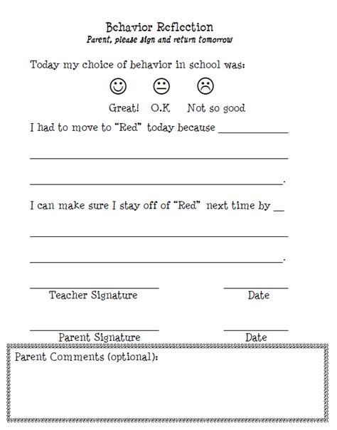 Behavior Reflection Sheets For Students Teaching Classroom