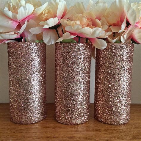 Set Of 3 Beautiful Rose Gold Glitter Coated Glass Cylinder Vases The Vases In This Particular