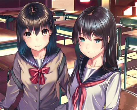 Wallpaper Anime Girls Sailor Uniform Classroom Friends