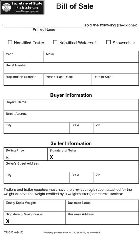 Michigan Vehicle Bill Of Sale Form Download The Free Printable Basic