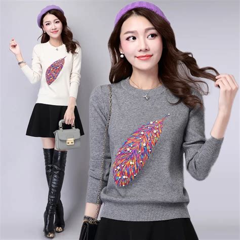 Korean Knitted Women Sweaters Embroidered Beading Pullover Shirt