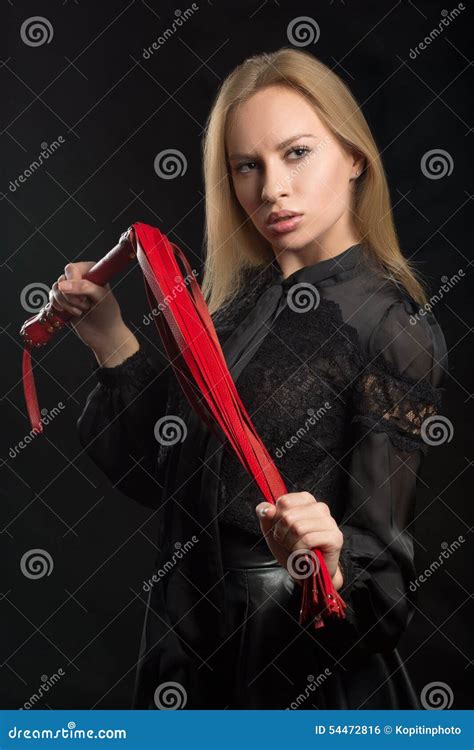 Beautiful Woman In Biting Red Whip Stock Photo Image Of Blond