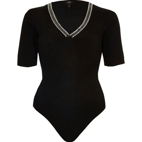 Black Rib Diamante Embellished Bodysuit Body Ropa Ropa Body