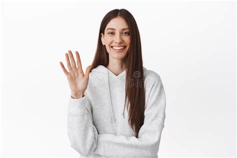 Hey How Are You Friendly Smiling Girl Student Waving Hand Saying
